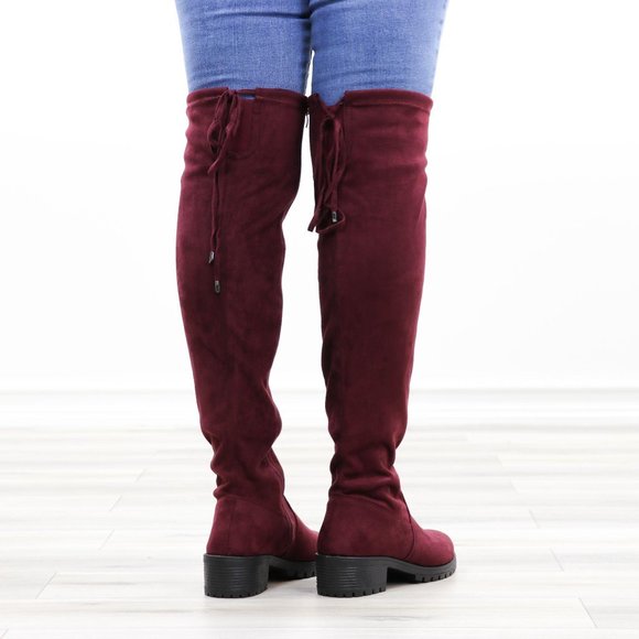 Wine Lug Sole Thigh High Boots Back Lace Tie - Picture 8 of 14